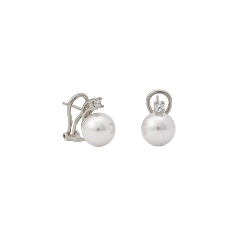 Brincos Majorica Selene prateados com pérolas de 10mm encaixadas num círculo de aço e zircónia cravada e fecho de abertura
