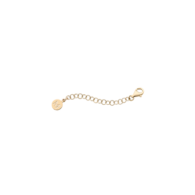 Uma corrente alargadora de prata banhada a ouro, composta por pequenos elos uniformes e um fecho em uma das extremidades. Na extremidade oposta, há uma pequena etiqueta redonda que faz parte do design. Esta corrente é usada para alongar colares ou pulseiras, permitindo ajuste de tamanho e versatilidade nas peças de joalheria.