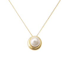 Colar de prata banhada a ródio com um pendente de pérola Murano. A pérola está engastada em uma moldura dourada e pendurada em uma delicada corrente dourada, criando uma peça de joalheria elegante que combina o brilho frio da prata com o brilho quente do ouro e a beleza lustrosa de uma única pérola