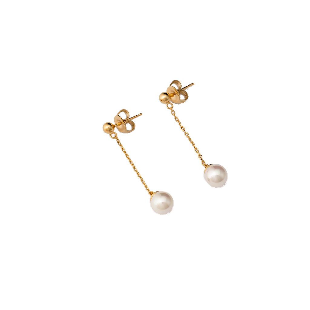 Brincos Majorica Ilusion dourados longos com pérolas de 8mm e fecho de encaixe