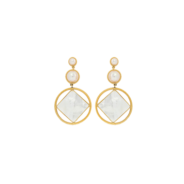 Brincos Majorica Nacar dourados redondos com preenchimento em pérolas de 6 e 10mm e com quadrado no centro do circulo maior também preenchida com madrepérola