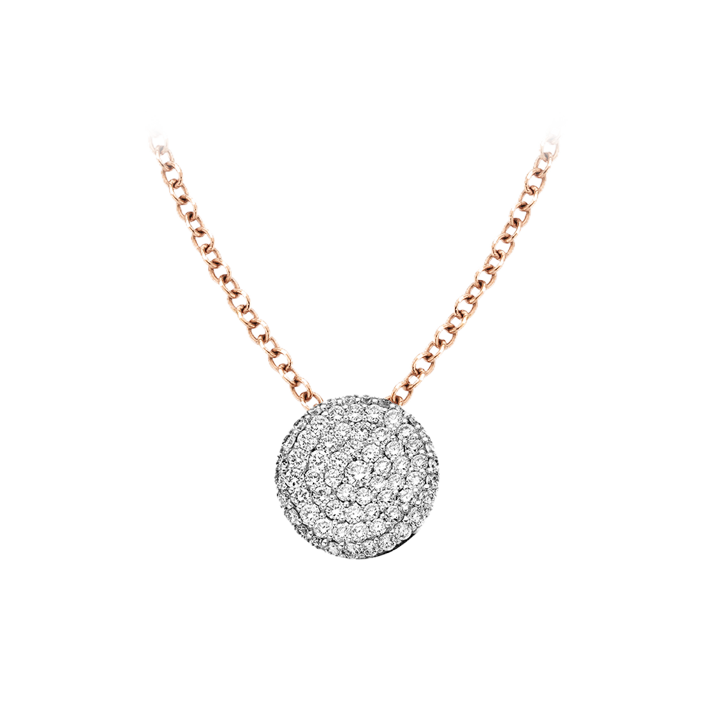 Colar da Bigli com corrente de ouro rosa e pendente circular. O pendente é incrustado com numerosos diamantes de corte redondo, criando um efeito cintilante. O design do colar é elegante e luxuoso, ideal para quem aprecia joias finas.