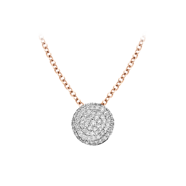 Colar da Bigli com corrente de ouro rosa e pendente circular. O pendente é incrustado com numerosos diamantes de corte redondo, criando um efeito cintilante. O design do colar é elegante e luxuoso, ideal para quem aprecia joias finas.