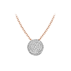 Colar da Bigli com corrente de ouro rosa e pendente circular. O pendente é incrustado com numerosos diamantes de corte redondo, criando um efeito cintilante. O design do colar é elegante e luxuoso, ideal para quem aprecia joias finas.