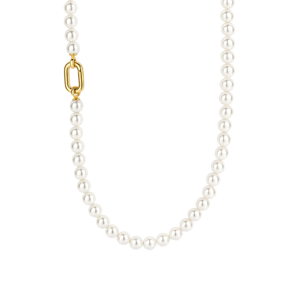 Colar de prata banhada a ouro com uma pérola de concha. A corrente é delicada e fina, destacando o pendente de pérola que adiciona um toque de elegância e sofisticação.