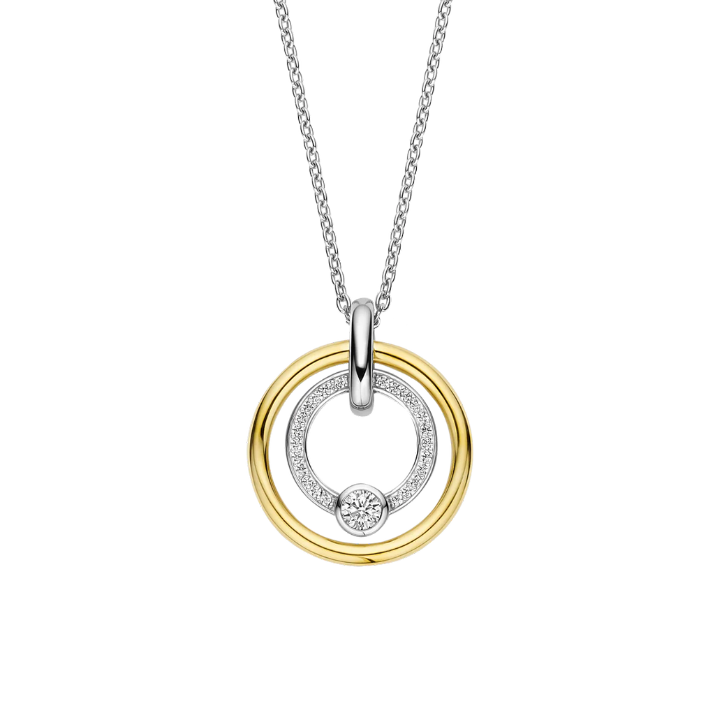 Colar Ti Sento - Milano Prata 925 prateado e dourado com dois círculos, um liso e o outro com zircónias pequenas e uma zircónia grande
