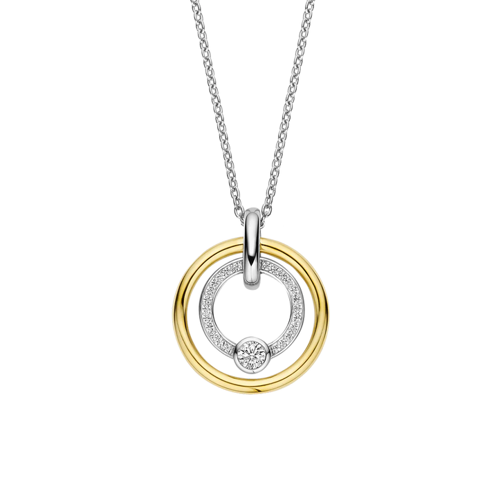 Colar Ti Sento - Milano Prata 925 prateado e dourado com dois círculos, um liso e o outro com zircónias pequenas e uma zircónia grande
