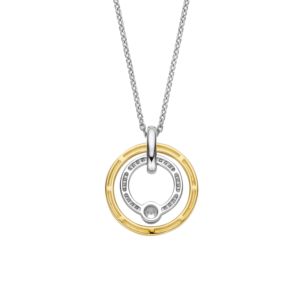 Parte de trás do Colar Ti Sento - Milano Prata 925 prateado e dourado com dois círculos, um liso e o outro com zircónias pequenas e uma zircónia grande