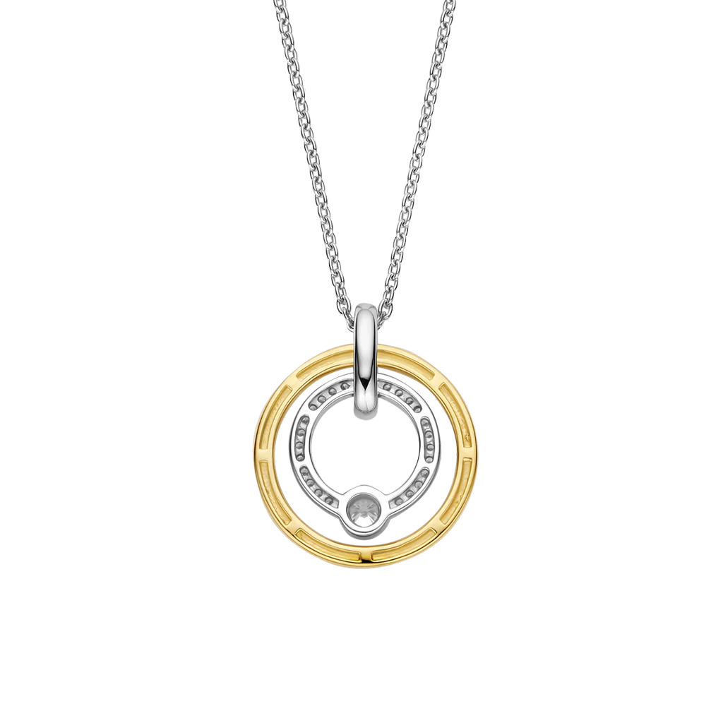 Parte de trás do Colar Ti Sento - Milano Prata 925 prateado e dourado com dois círculos, um liso e o outro com zircónias pequenas e uma zircónia grande