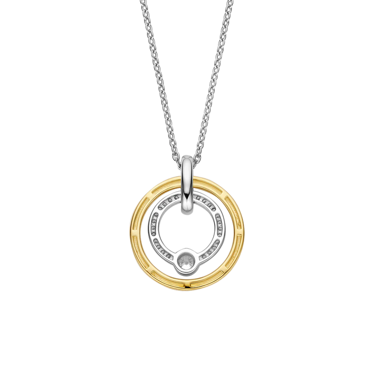 Parte de trás do Colar Ti Sento - Milano Prata 925 prateado e dourado com dois círculos, um liso e o outro com zircónias pequenas e uma zircónia grande