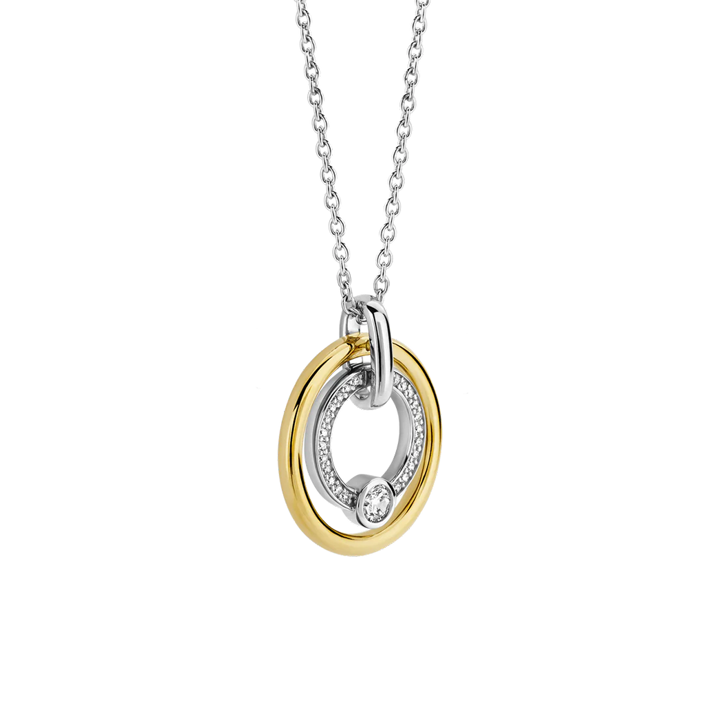 Vista laterial do Colar Ti Sento - Milano Prata 925 prateado e dourado com dois círculos, um liso e o outro com zircónias pequenas e uma zircónia grande