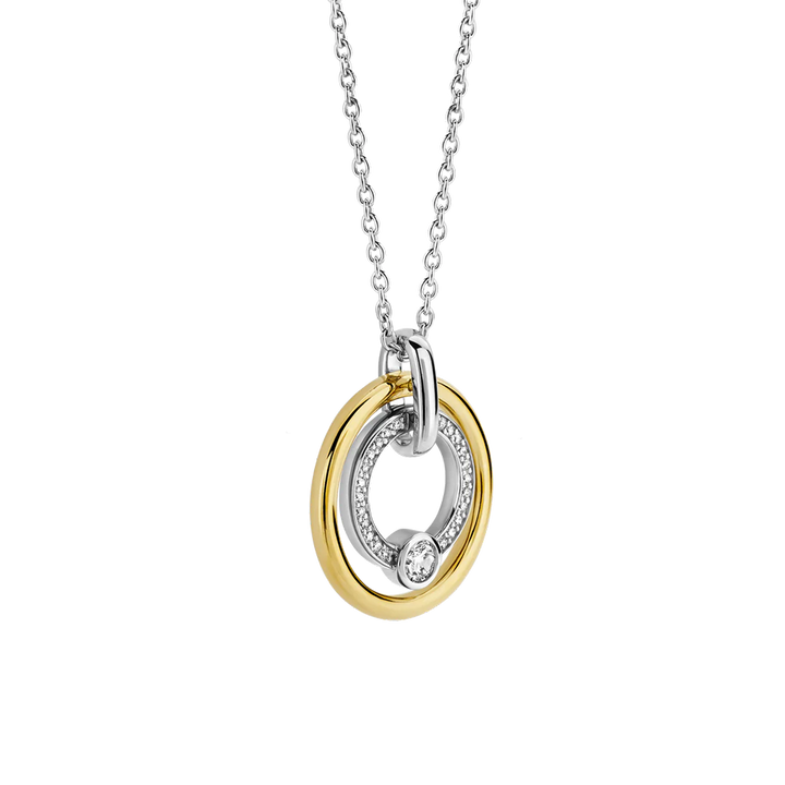 Vista laterial do Colar Ti Sento - Milano Prata 925 prateado e dourado com dois círculos, um liso e o outro com zircónias pequenas e uma zircónia grande