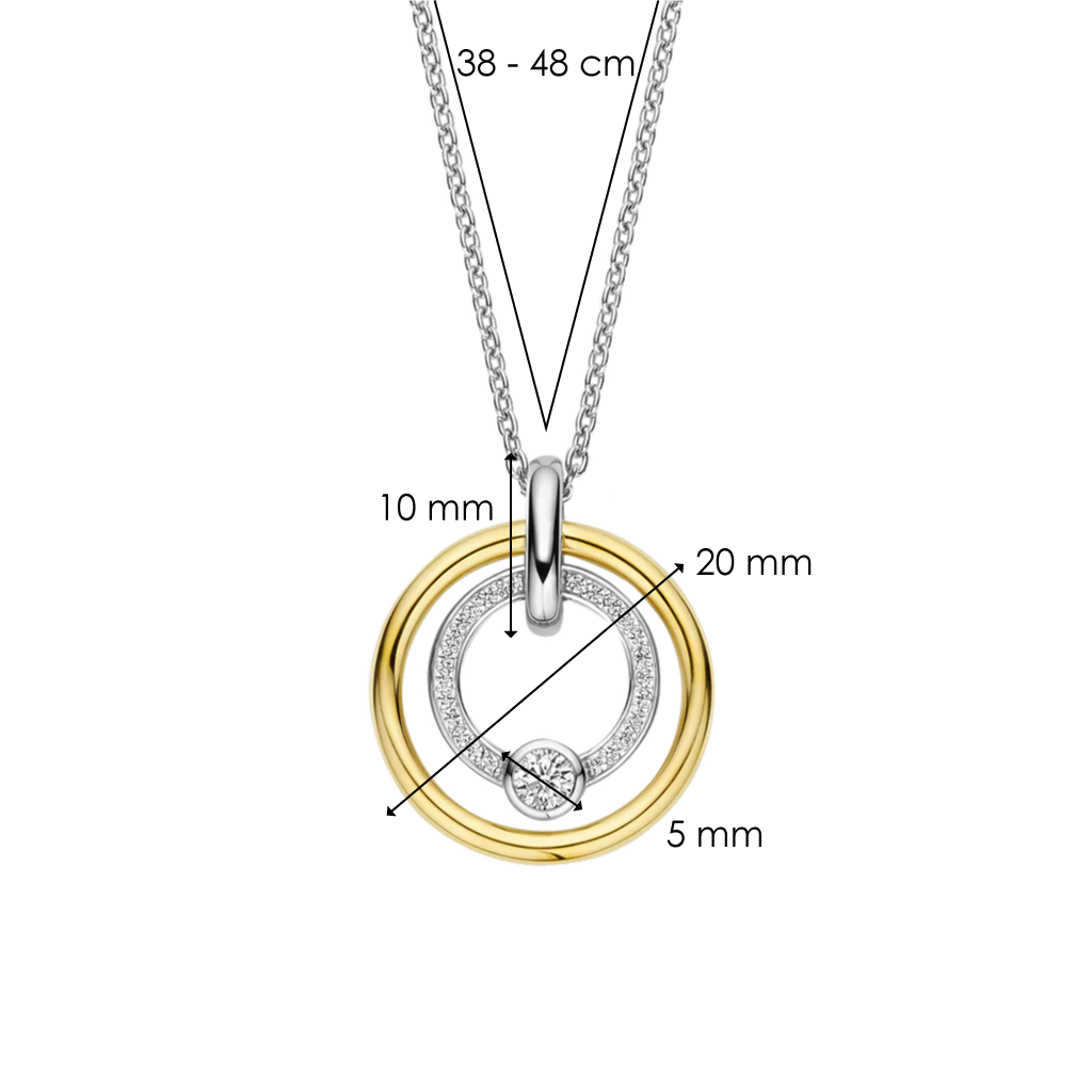 Medidas do pendente e fio do Colar Ti Sento - Milano Prata 925 prateado e dourado com dois círculos, um liso e o outro com zircónias pequenas e uma zircónia grande
