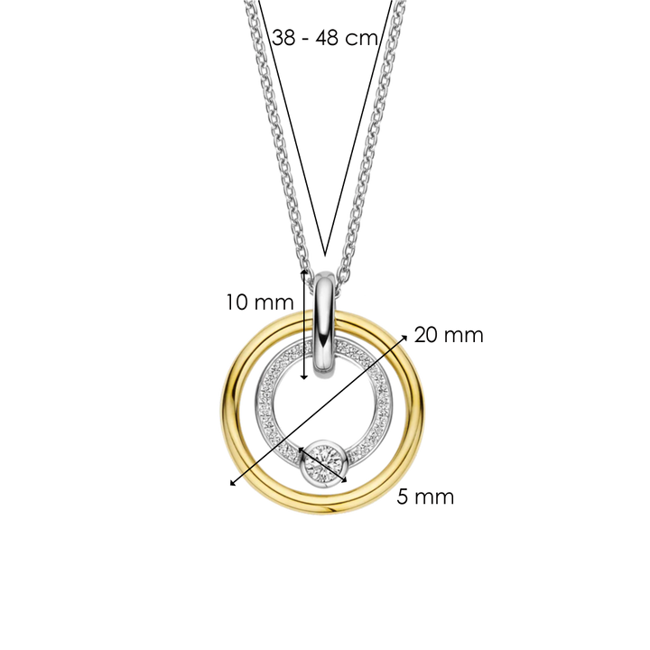 Medidas do pendente e fio do Colar Ti Sento - Milano Prata 925 prateado e dourado com dois círculos, um liso e o outro com zircónias pequenas e uma zircónia grande