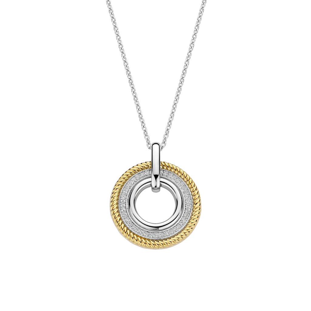 Pendente Ti Sento - Milano Prata 925 com 3 círculos, uma prateado liso, outro prateado com zircónias e outro dourado com ondas