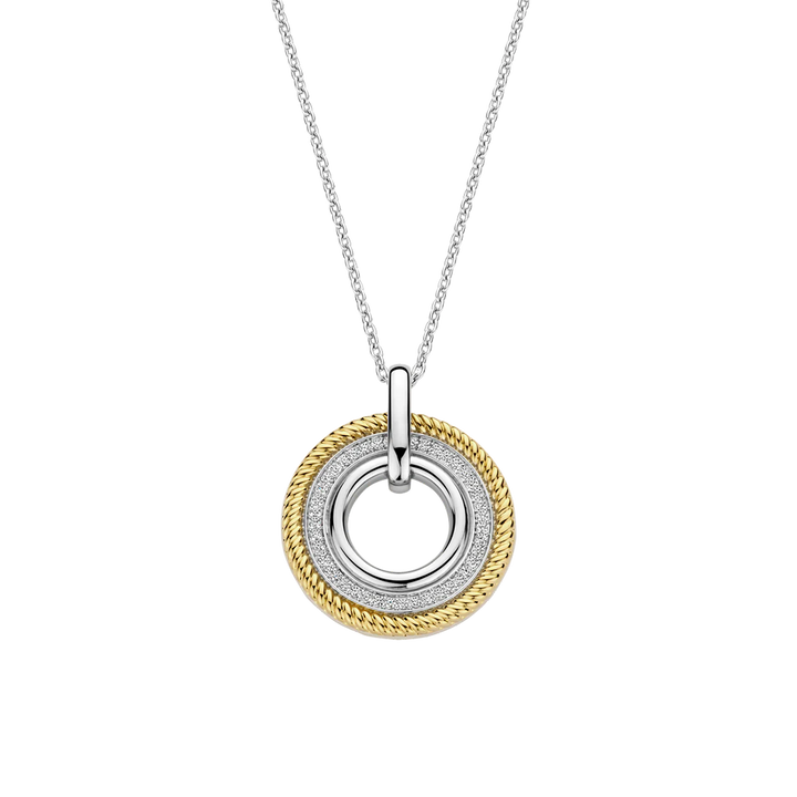 Pendente Ti Sento - Milano Prata 925 com 3 círculos, uma prateado liso, outro prateado com zircónias e outro dourado com ondas
