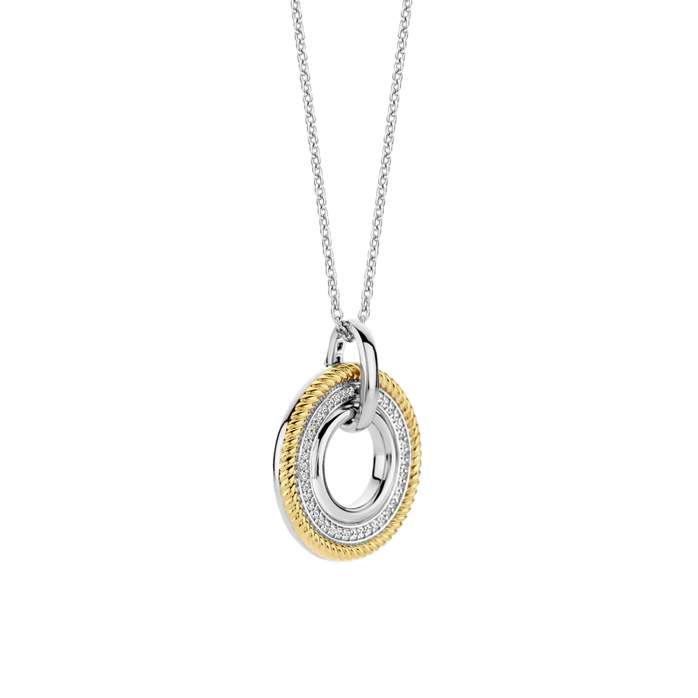 Vista lateral do Pendente Ti Sento - Milano Prata 925 com 3 círculos, uma prateado liso, outro prateado com zircónias e outro dourado com ondas