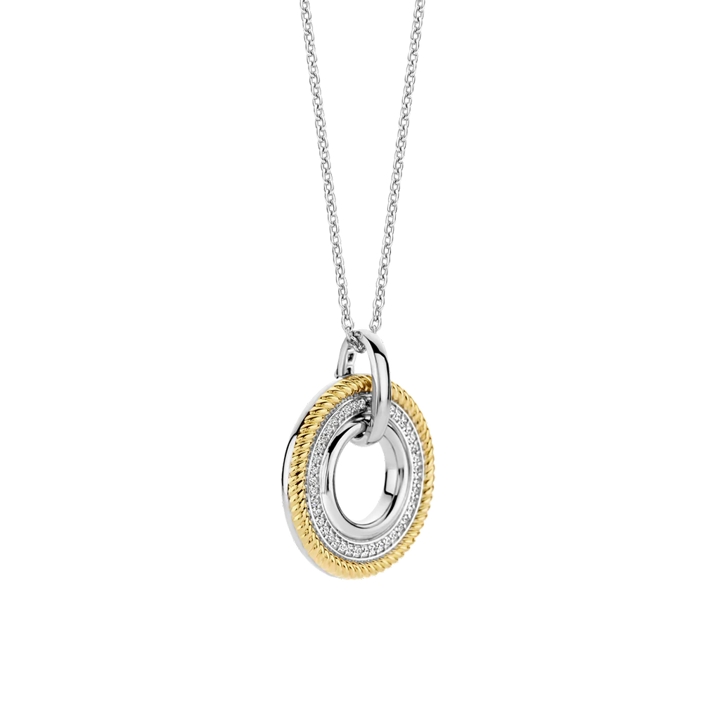 Vista lateral do Pendente Ti Sento - Milano Prata 925 com 3 círculos, uma prateado liso, outro prateado com zircónias e outro dourado com ondas