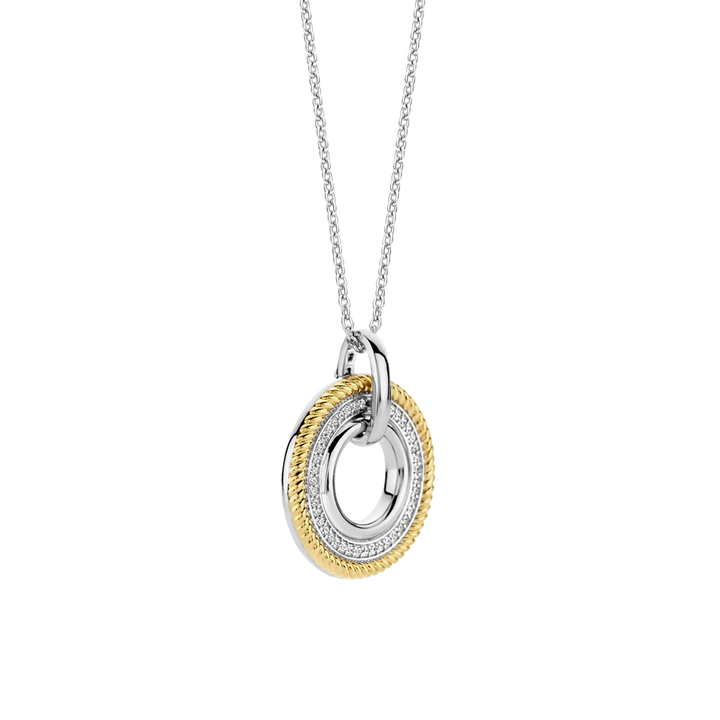 Vista lateral do Pendente Ti Sento - Milano Prata 925 com 3 círculos, uma prateado liso, outro prateado com zircónias e outro dourado com ondas