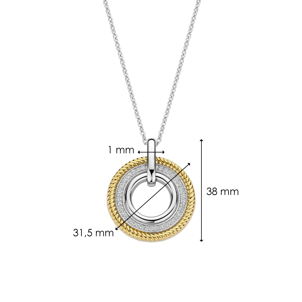 Medidas do Pendente Ti Sento - Milano Prata 925 com 3 círculos, uma prateado liso, outro prateado com zircónias e outro dourado com ondas