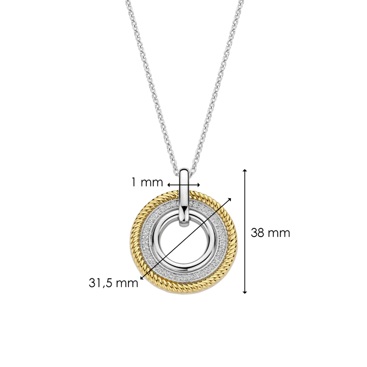Medidas do Pendente Ti Sento - Milano Prata 925 com 3 círculos, uma prateado liso, outro prateado com zircónias e outro dourado com ondas
