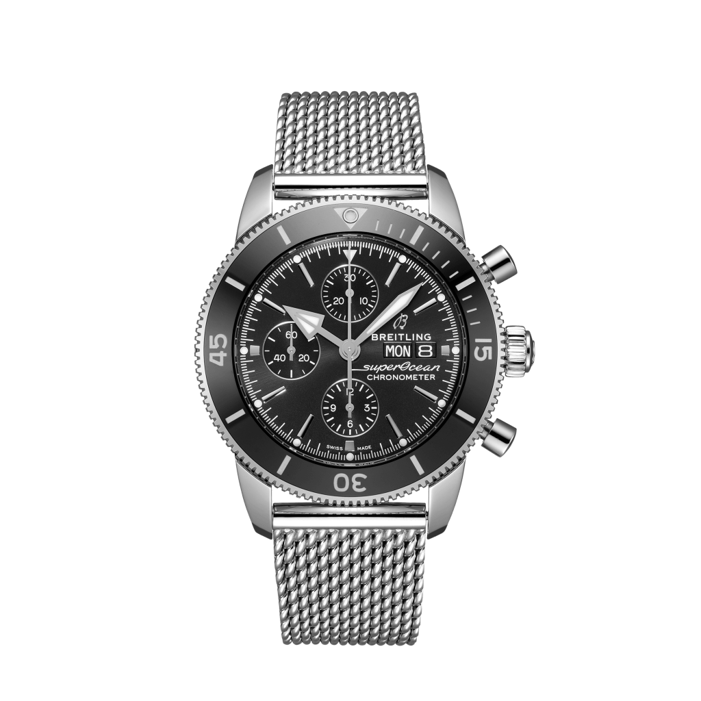 Relógio Superocean Heritage Chronograph totalmente prateado com mostrador preto