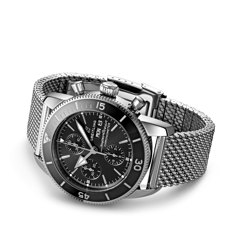 Relógio deitado de lado Superocean Heritage Chronograph totalmente prateado com mostrador preto