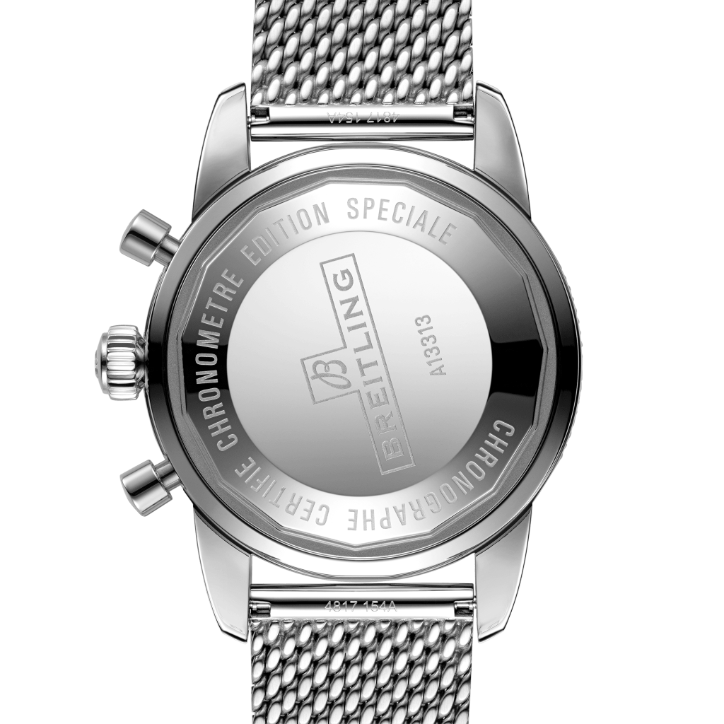 Tampa do relógio Superocean Heritage Chronograph totalmente prateado com mostrador preto