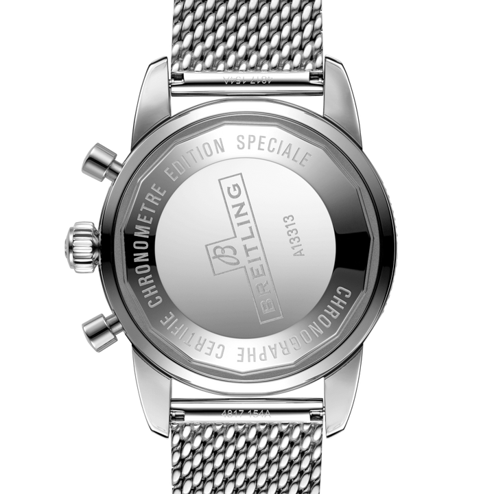 Tampa do relógio Superocean Heritage Chronograph totalmente prateado com mostrador preto