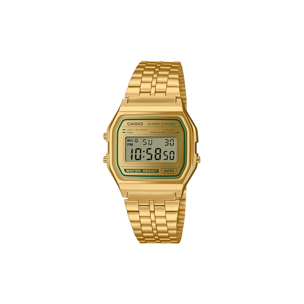 Relógio Casio Vintage Iconic totalmente prateado com detalhe verde