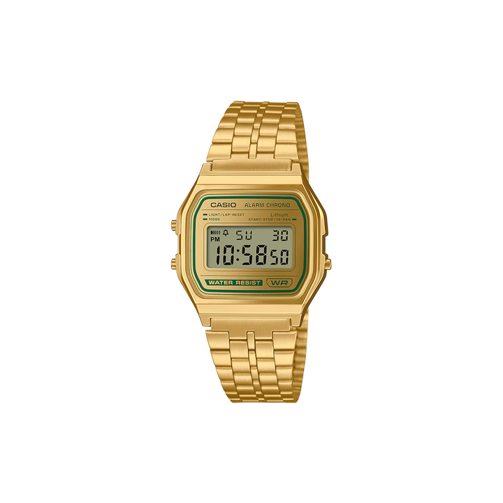 Relógio Casio Vintage Iconic totalmente prateado com detalhe verde