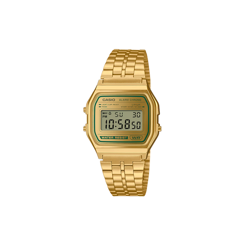 Relógio Casio Vintage Iconic totalmente prateado com detalhe verde