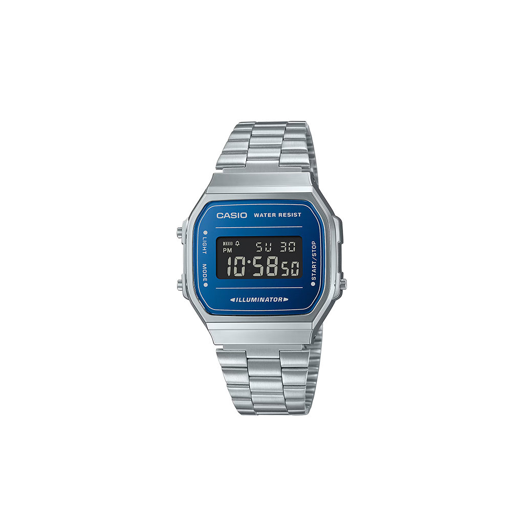 Relógio Casio Vintage Iconic totalmente prateado com mostrador azul escuro