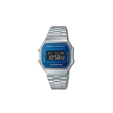 Relógio Casio Vintage Iconic totalmente prateado com mostrador azul escuro