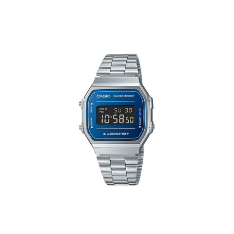 Relógio Casio Vintage Iconic totalmente prateado com mostrador azul escuro