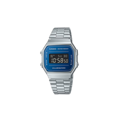 Relógio Casio Vintage Iconic totalmente prateado com mostrador azul escuro