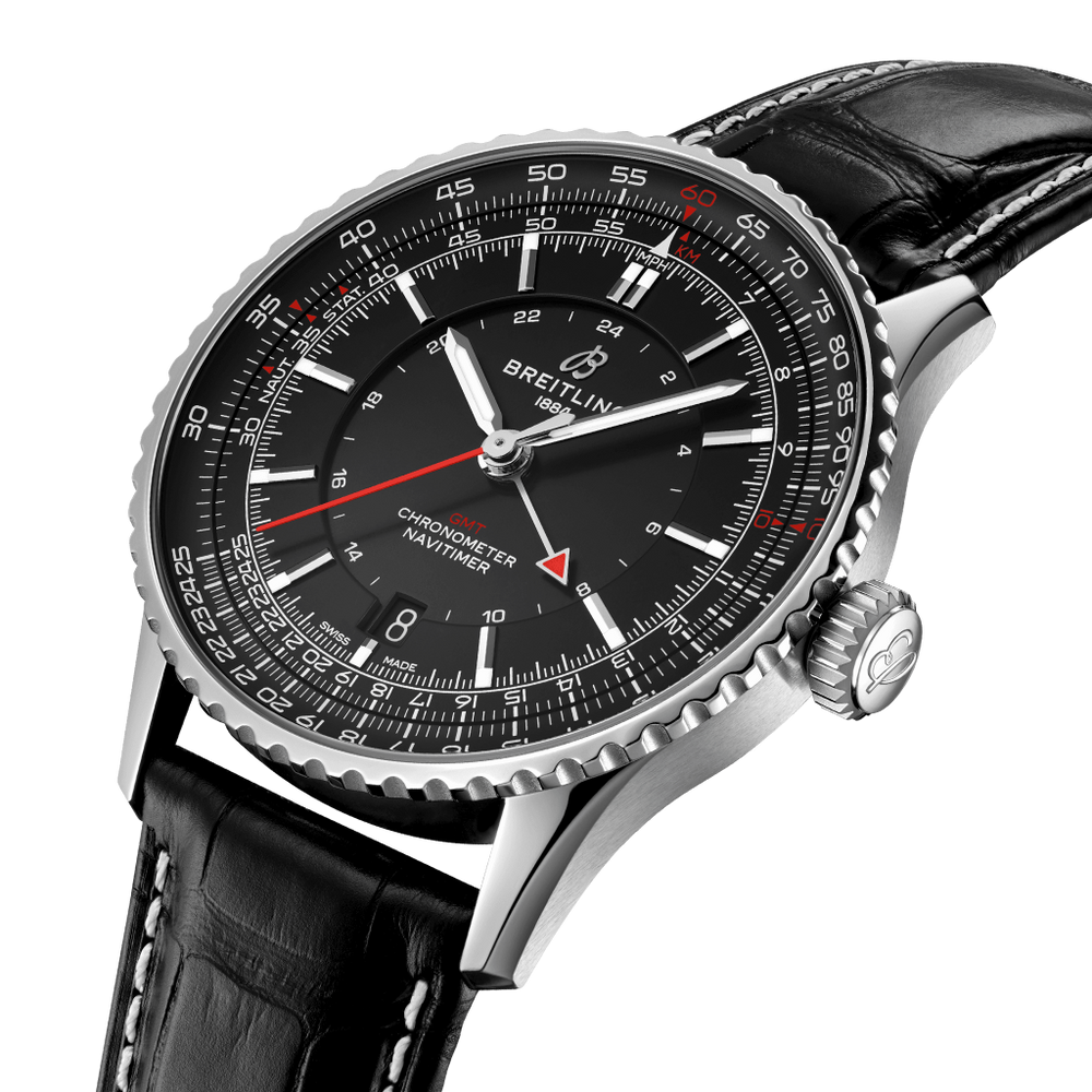 detalhe mostrador preto relógio navitimer automatic