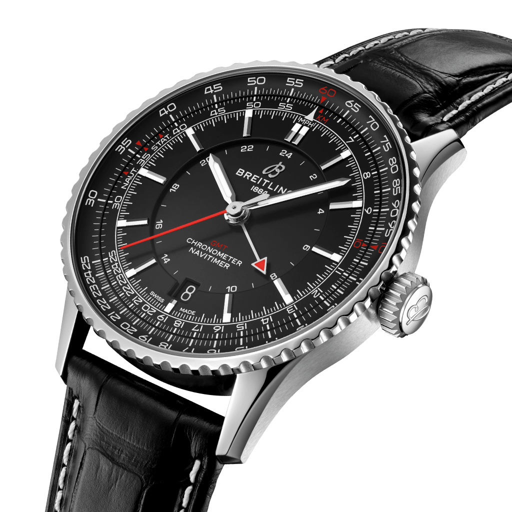 detalhe mostrador preto relógio navitimer automatic