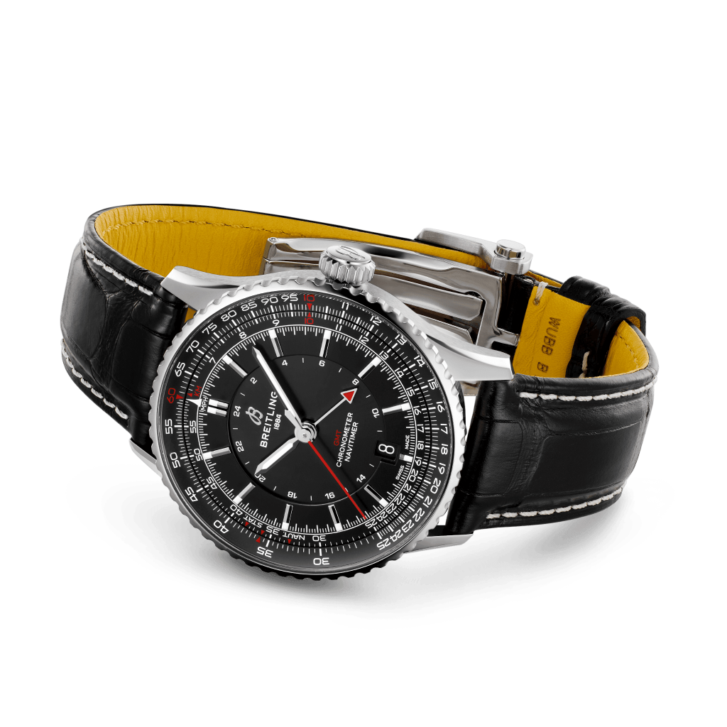 relógio de lado navitimer automatic pulseira e mostrador preto