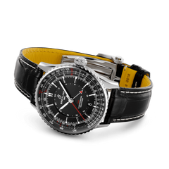 relógio de lado navitimer automatic pulseira e mostrador preto