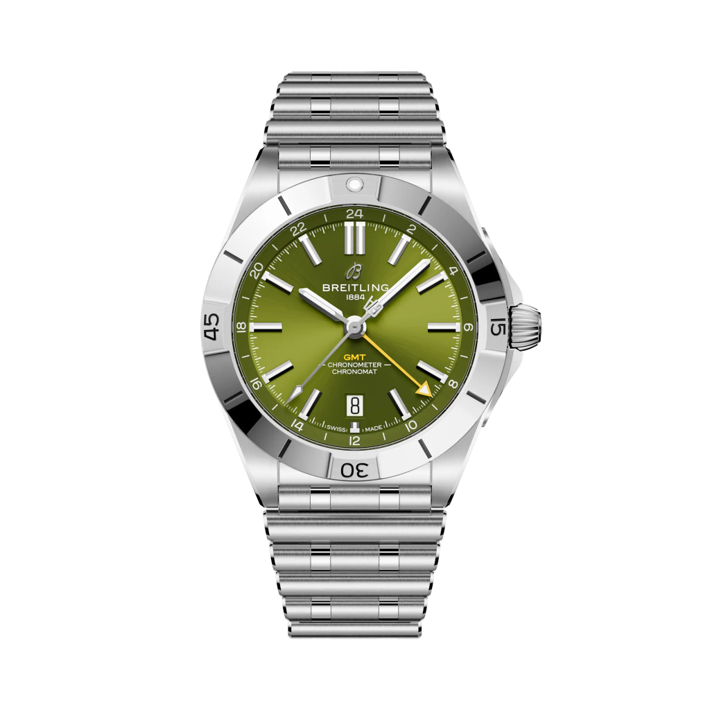 Relógio Breitling Chronomat Automatic GMT 40mm x Giannis Antetokounmpo prateado com mostrador verde