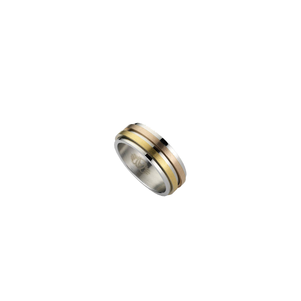 Uma imagem de um anel de aço hipoalergénico com uma banda dourada e uma banda cobre no centro. O anel tem um acabamento polido e parece ser feito de dois tipos diferentes de metal, possivelmente indicando uma mistura de materiais ou uma representação simbólica, como em alianças de casamento onde dois metais podem representar duas pessoas se unindo