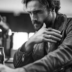 Uma fotografia em preto e branco de uma pessoa sentada, vista do peito para cima. O rosto da pessoa está obscurecido por um retângulo cinza desfocado para manter o anonimato. A pessoa está usando uma jaqueta de couro com um zíper visível na frente e tem a mão esquerda levantada em direção ao queixo, sugerindo uma pose pensativa. À frente da pessoa, há um copo de vidro que parece conter uma bebida, possivelmente vinho, dado o ambiente que parece ser um bar ou restaurante devido à sua iluminação e atmosfera.