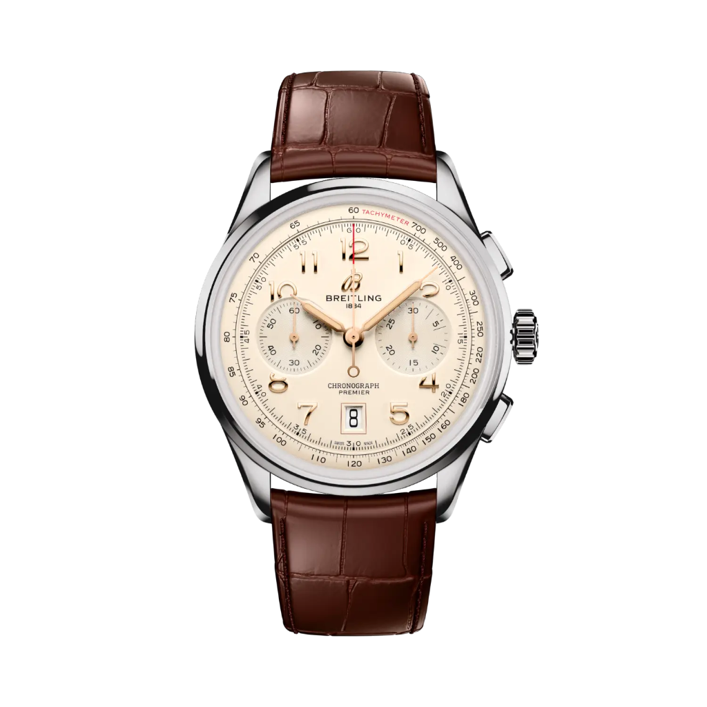 Relógio Breitling Premier B01 Chronograph 42mm de caixa prateada, pulseira de pele castanha com mostrador creme