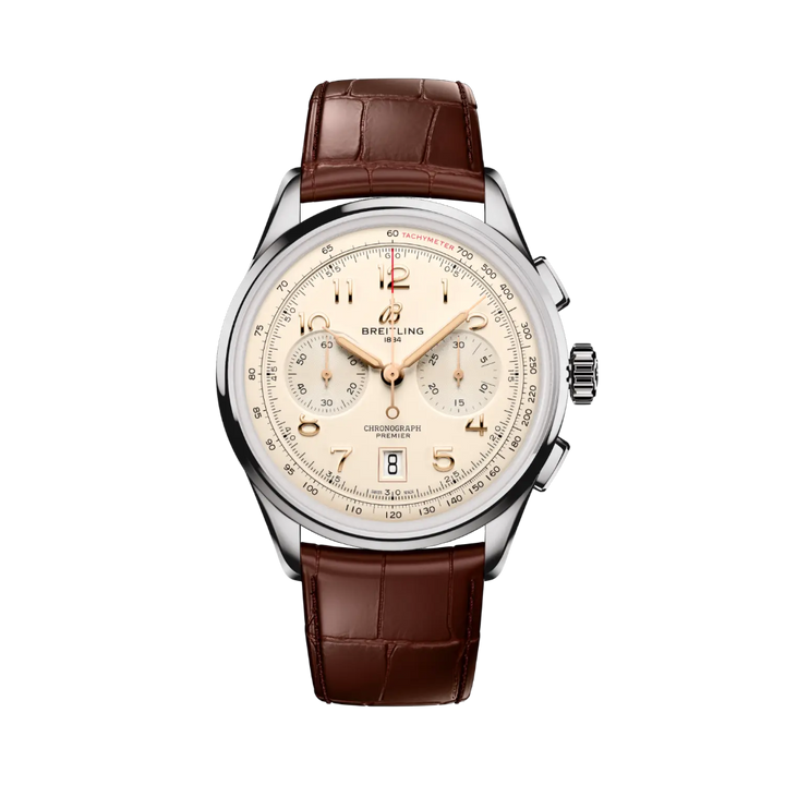 Relógio Breitling Premier B01 Chronograph 42mm de caixa prateada, pulseira de pele castanha com mostrador creme