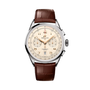 Relógio Breitling Premier B01 Chronograph 42mm de caixa prateada, pulseira de pele castanha com mostrador creme