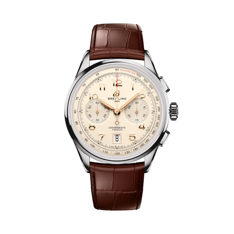 Relógio Breitling Premier B01 Chronograph 42mm de caixa prateada, pulseira de pele castanha com mostrador creme