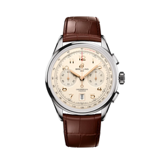 Relógio Breitling Premier B01 Chronograph 42mm de caixa prateada, pulseira de pele castanha com mostrador creme