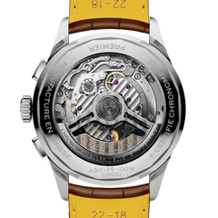 Tampa transparente do Relógio Breitling Premier B01 Chronograph 42mm de caixa prateada, pulseira de pele castanha com mostrador creme