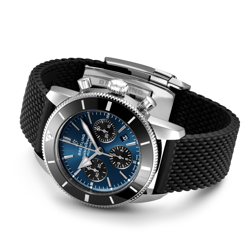 relógio de lado superocean heritage pulseira preta e mostrador azul